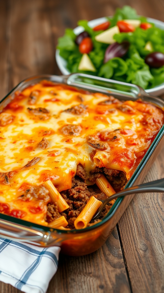 Baked ground beef casserole with cheese, pasta, and tomato sauce on a wooden table.